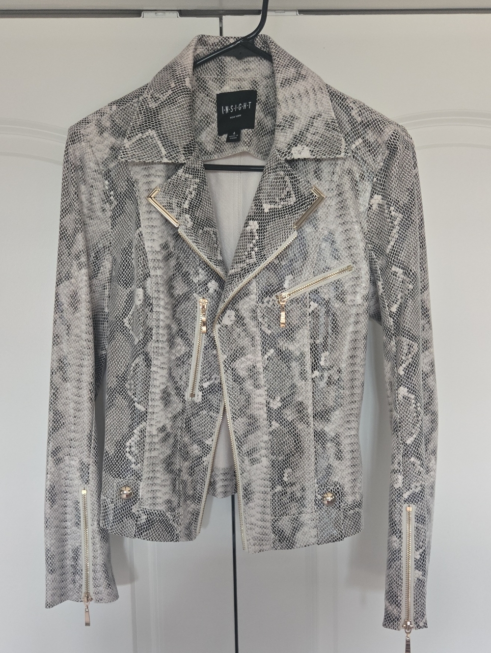 Insight Snake-Print Faux Leather Moto Jacket in Gray and White